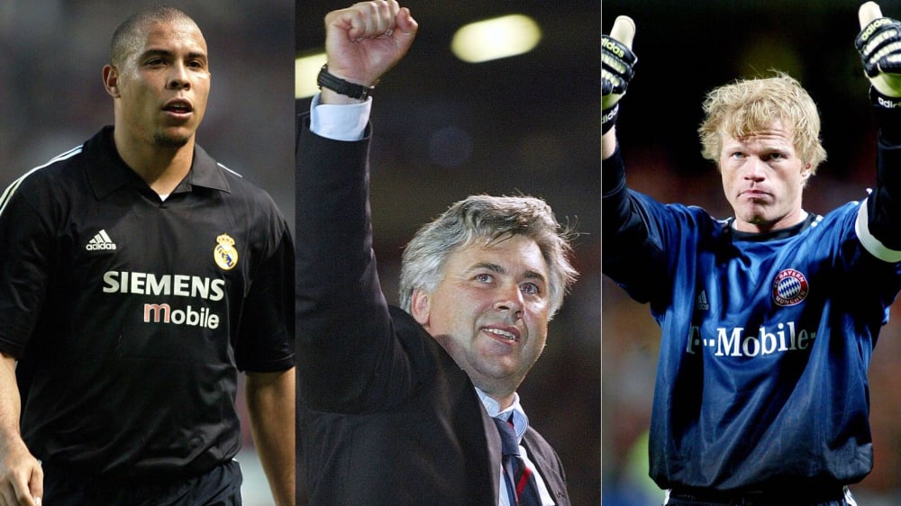 Gesichter des Weltfußballs vor 20 Jahren: Ronaldo, Carlo Ancelotti und Oliver Kahn (v. li.).