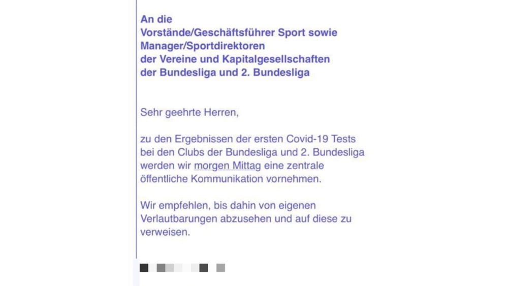 "Betreff: Kommunikation Testergebnisse Covid-19": Der Screenshot der Mail von DFL-Direktor Ansgar Schwenken.