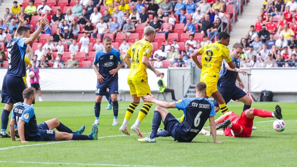Schnelle Antwort auf den Anschlusstreffer: Sebastien Haller (#9) schiebt zum 3:1 für Borussia Dortmund ein.