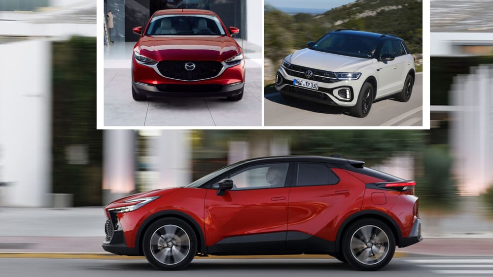 Im Vergleich: Mazda CX-30 (o.l.), VW T-Roc (o.r.) und Toyota CH-R.