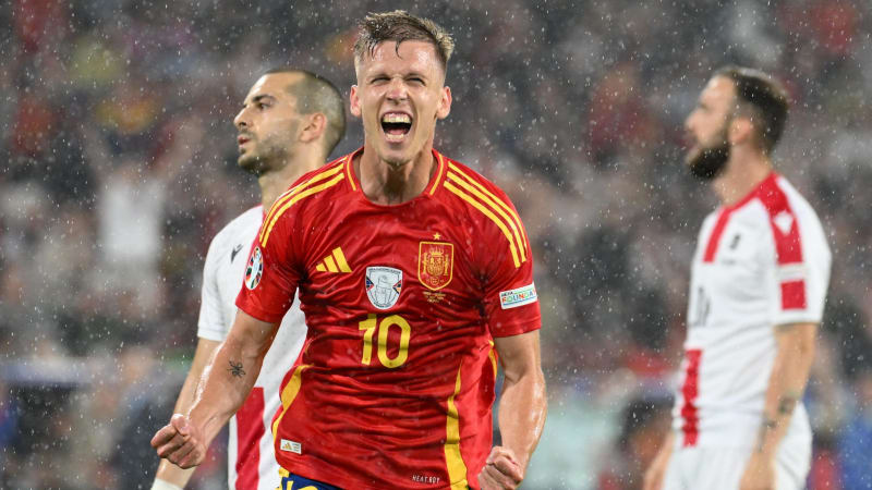 COLOGNE, GERMANY - JUNE 30: Dani Olmo (10) of Spain celebrates after scoring a goal during the UEFA EURO 2024 round of 16 match between Spain and Georgia at Cologne Stadium (RheinEnergieStadion) on June 30, 2024 in Cologne, Germany. Gokhan Balci / Anadolu