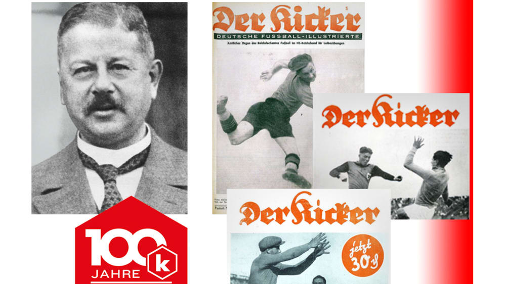 kicker-Gr&#252;nder Walther Bensemann und Ausgaben des Fachmagazins aus den Jahren 1933 und 1942.