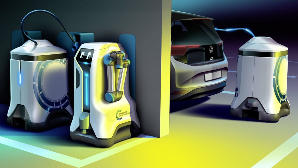 Mobiler Laderoboter: Er bringt den Energiespeicher zum geparkten E-Auto und organisiert den Ladevorgang.