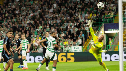 GLASGOW, SCOTLAND - SEPTEMBER 18: Kevin Wimmer
 scores to make it 3-1 with a deflection from Cameron Carter-Vickers during a UEFA Champions League match between Celtic and SK Slovan Bratislava at Celtic Park, on September 18, 2024, in Glasgow, Scotland. (Photo by Craig Foy/SNS Group via Getty Images)