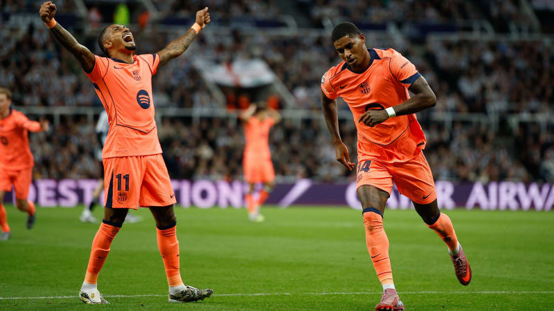 18th September 2025; St James Park, Newcastle, England; UEFA Champions League Football, Newcastle United versus Barcelona; Marcus Rashford of Barcelona celebrates scoring his sides second goal of the match for 0-2 in the 67th minute