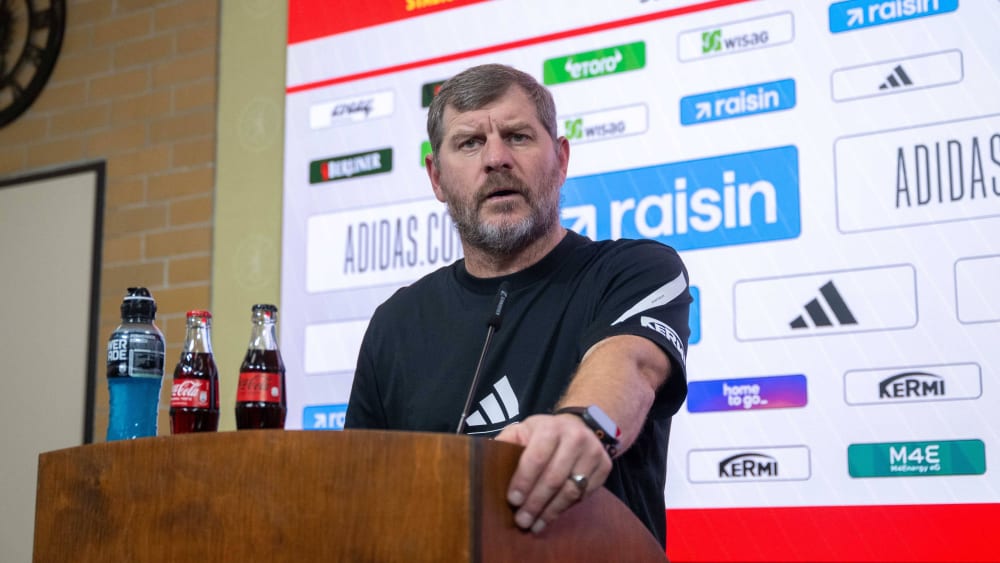 Union-Trainer Steffen Baumgart auf der PK vor dem Bremen-Spiel.