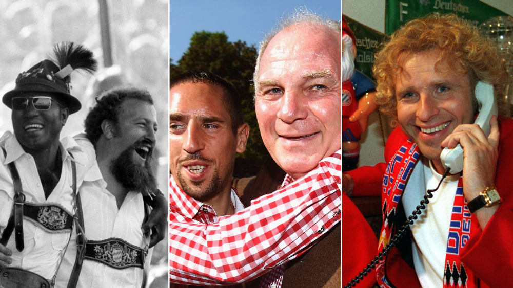 Mia san mia: Bayern-Fans 1970, Uli Hoene&#223; 2011 mit Franck Ribery und Bayern-Fan Thomas Gottschalk 1995.