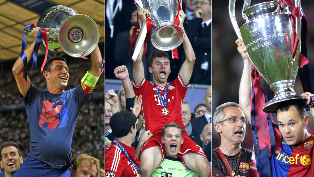 Xavi, Thomas M&#252;ller und Manuel Neuer sowie Andres Iniesta feiern