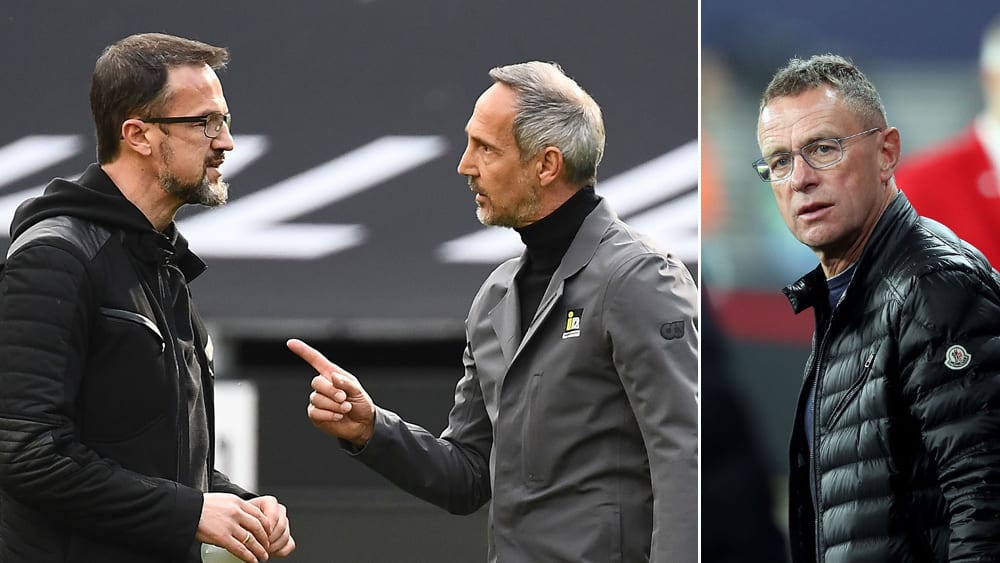 In Frankfurt auf der Zielgeraden: Sportvorstand Fredi Bobic (li.) und Trainer Adi Hütter. Mit Ralf Rangnick (re.) laufen Gespräche.