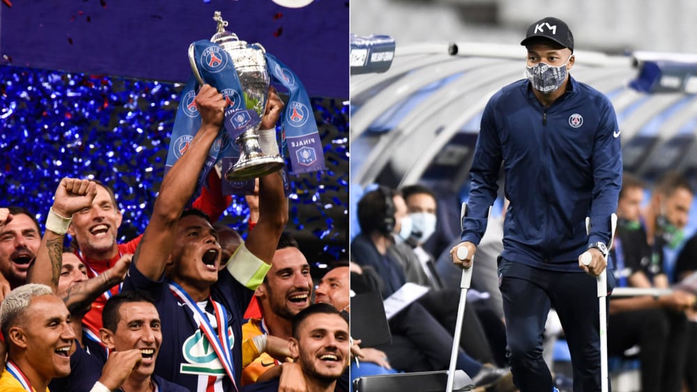 Thiago Silva mit Pokal, Kylian Mbappé auf Krücken
