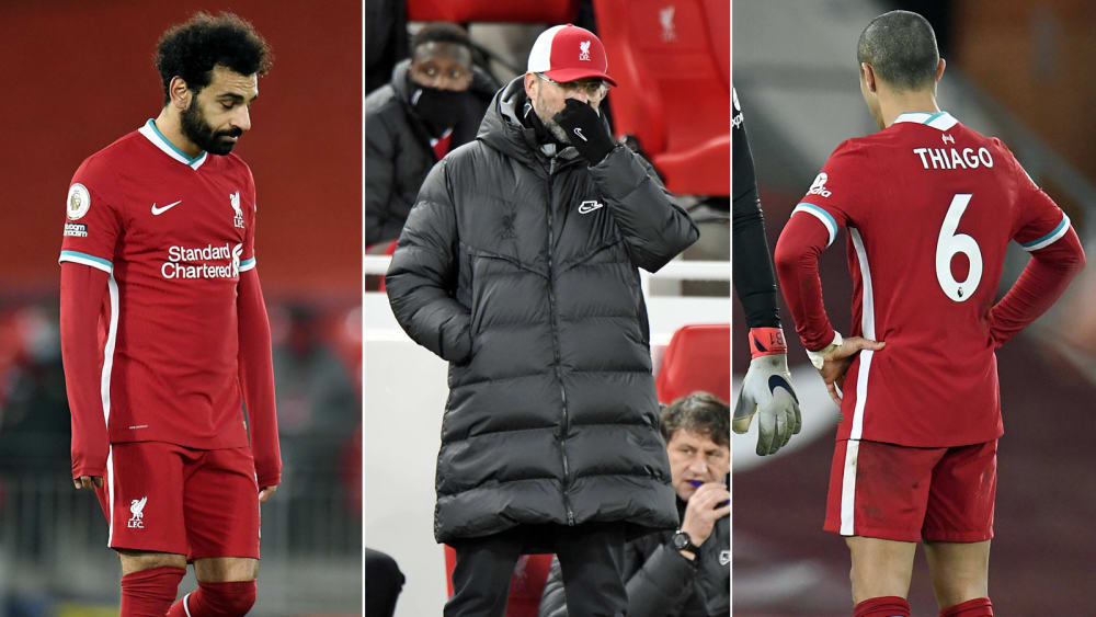 Aktuell wenig Grund zur Freude: Mohamed Salah, Jürgen Klopp und Thiago.