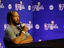 Jun 2, 2026; San Antonio, TX, USA; New York Knicks guard Jalen Brunson speaks with the media before Knicks practice on Media Day prior to the 2026 NBA Finals at Frost Bank Center. Mandatory Credit: Geoff Burke-Imagn Images