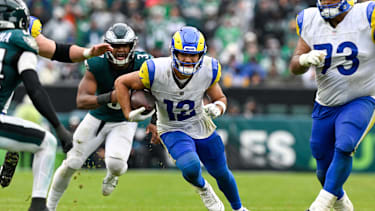 PHILADELPHIA, PA - OCTOBER 04: Los Angeles Rams wide receiver Puka Nacua 12 runs with the ball after a catch during the game between the Philadelphia Eagles and the Los Angeles Rams on October 4th, 2026 at Lincoln Financial Field in Philadelphia, PA. (Photo by Terence Lewis Icon Sportswire) NFL, American Football Herren, USA OCT 04 Rams at Eagles EDITORIAL USE ONLY Icon261004033