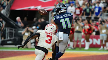 Sep 20, 2026; Glendale, Arizona, USA;  Seattle Seahawks wide receiver Jaxon Smith-Njigba (11) catches the ball for a touchdown in the fourth quarter against the Arizona Cardinals at State Farm Stadium.  Mandatory Credit: Matt Kartozian-Imagn Images