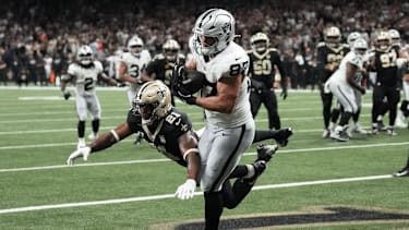 Sep 27, 2026; New Orleans, Louisiana, USA;  Las Vegas Raiders tight end Michael Mayer (87) scores a touchdown during the second quarter against the New Orleans Saints at Caesars Superdome.  Mandatory Credit: Matthew Hinton-Imagn Images