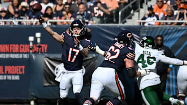 Oct 4, 2026; Chicago, Illinois, USA;  Chicago Bears quarterback Tyson Bagent (17) passes the ball against the New York Jets during the first quarter at Soldier Field.  Mandatory Credit: Matt Marton-Imagn Images