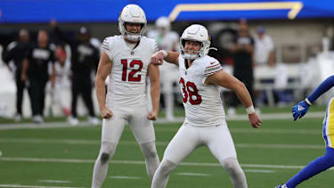 Oct 18, 2026; Inglewood, California, USA;  Arizona Cardinals kicker Chad Ryland (38) reacts after kicking the game winning field goal on a hold from punter Blake Gillikin (12) in the fourth quarter against the Los Angeles Rams at SoFi Stadium.  Mandatory Credit: Kiyoshi Mio-Imagn Images