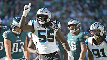 Oct 18, 2026; Philadelphia, Pennsylvania, USA; Carolina Panthers linebacker Devin Lloyd (55) celebrates his sack against the Philadelphia Eagles during the second half at Lincoln Financial Field. Mandatory Credit: Eric Hartline-Imagn Images