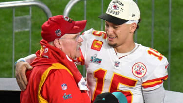Kansas City Chiefs quarterback Patrick Mahomes (15) celebrates with coach Andy Reid after defeating the Philadelphia Eagles 38-35 in Super Bowl LVII at State Farm Stadium in Glendale, Arizona, on Sunday, February 12, 2023. PUBLICATIONxINxGERxSUIxAUTxHUNxONLY SBP20230212467 JONxSOOHOO