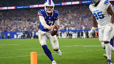 Sep 17, 2026; Orchard Park, New York, USA;  Buffalo Bills quarterback Josh Allen (17) runs to score a touchdown against Buffalo Bills tight end Jackson Hawes (85) during the second half at New Highmark Stadium.  Mandatory Credit: Gregory Fisher-Imagn Images