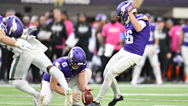 Oct 4, 2026; Minneapolis, Minnesota, USA;  Minnesota Vikings kicker Will Reichard (16) kicks a field goal during the fourth quarter against the Miami Dolphins at U.S. Bank Stadium.  Mandatory Credit: Jeffrey Becker-Imagn Images
