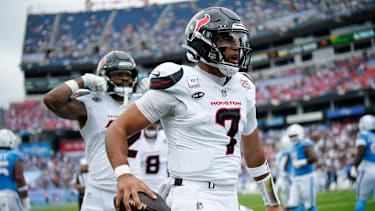 Houston Texans quarterback C.J. Stroud (7) celebrates a touchdown during the third quarter against the Tennessee Titans at Nissan Stadium in Nashville, Tenn., Sunday, Oct. 11, 2026.