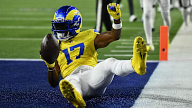 Sep 21, 2026; Inglewood, California, USA;  Los Angeles Rams wide receiver Davante Adams (17) scores a touchdown against the New York Giants during the third quarter at SoFi Stadium.  Mandatory Credit: William Liang-Imagn Images