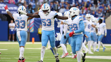 Oct 18, 2026; Indianapolis, Indiana, USA;  Tennessee Titans linebacker Anthony Hill Jr. (53) and safety Tony Adams (29) react against the Indianapolis Colts during the second half at Lucas Oil Stadium.  Mandatory Credit: Trevor Ruszkowski-Imagn Images
