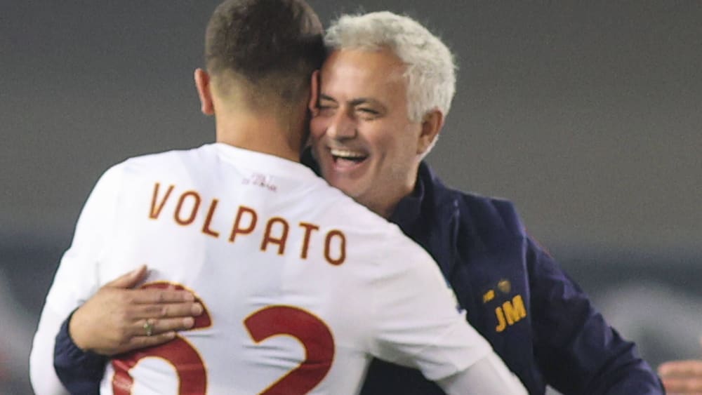 Cristian Volpato Is Hugged By Roma Coach Jose Mourinho.