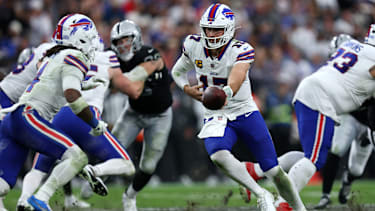 Oct 18, 2026; Paradise, Nevada, USA;  Buffalo Bills quarterback Josh Allen (17) hands off the ball in the second half against the Las Vegas Raiders at Allegiant Stadium.  Mandatory Credit: David Brytus-Imagn Images