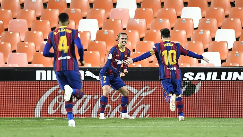 Hielten Barça im Titelrennen: Antoine Griezmann (#7) und Lionel Messi in Valencia.