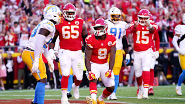 Oct 18, 2026; Kansas City, Missouri, USA;  Kansas City Chiefs running back Kenneth Walker III (9) celebrates after scoring a touchdown during the second quarter against the Los Angeles Chargers at GEHA Field at Arrowhead Stadium.  Mandatory Credit: Denny Medley-Imagn Images