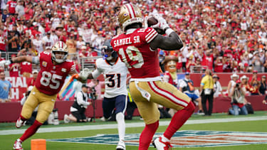 Oct 4, 2026; Santa Clara, California, USA;  San Francisco 49ers wide receiver Deebo Samuel Sr. (19) scores a touchdown during the third quarter against the Denver Broncos at Levi's Stadium.  Mandatory Credit: David Gonzales-Imagn Images