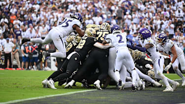 Sep 20, 2026; Baltimore, Maryland, USA;  New Orleans Saints quarterback Tyler Shough (6) is pushed over the goal line for a touchdown in the fourth quarter against the Baltimore Ravens at M&amp;T Bank Stadium.  Mandatory Credit: Jamie Sabau-Imagn Images