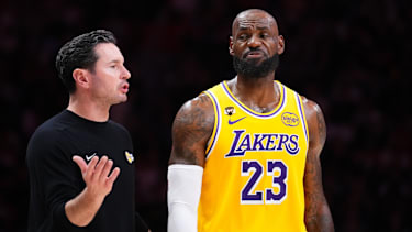 MIAMI, FLORIDA - MARCH 19: JJ Redick and LeBron James #23 of the Los Angeles Lakers talks during the third quarter against the Miami Heat at Kaseya Center on March 19, 2026 in Miami, Florida.  NOTE TO USER: User expressly acknowledges and agrees that, by downloading and or using this photograph, User is consenting to the terms and conditions of the Getty Images License Agreement. (Photo by Rich Storry/Getty Images)