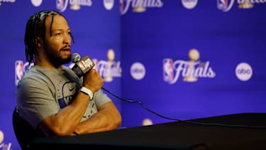 Jun 2, 2026; San Antonio, TX, USA; New York Knicks guard Jalen Brunson speaks with the media before Knicks practice on Media Day prior to the 2026 NBA Finals at Frost Bank Center. Mandatory Credit: Geoff Burke-Imagn Images