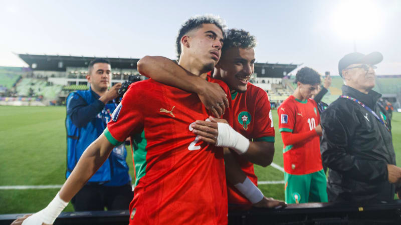 Morocco v France - FIFA U-20 World Cup Chile 2025 Semifinals Valparaiso, Chile - October 15: Yassir Zabiri and Fouad Zahouani of Morocco celebrate after winning the match during the FIFA U20 World Cup Chile 2025 semi-final match between Morocco and France at Estadio Elias Figueroa Brander on October 15, 2025 in Valparaiso, Chile Valparaiso Estadio ElÃaas Figueroa Brander Valparaiso Chile Copyright: xLatinxSportxImagesx