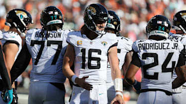 Oct 4, 2026; Cincinnati, Ohio, USA;  Jacksonville Jaguars quarterback Trevor Lawrence (16) reacts after defeating the Cincinnati Bengals at Paycor Stadium.  Mandatory Credit: Joseph Maiorana-Imagn Images