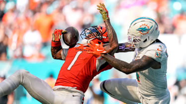 Cincinnati Bengals wide receiver Ja'marr Chase (1) pulls in deep pass over Miami Dolphins cornerback Jason Marshall Jr. (4) for a touchdown in the third quarter of the NFL Week 5 game between the Miami Dolphins and the Cincinnati Bengals at Hard Rock Stadium in Miami Gardens, Florida, on Sunday, Oct. 11, 2026. The Bengals improved to 3-2 on the season with a 31-24 win on the road.