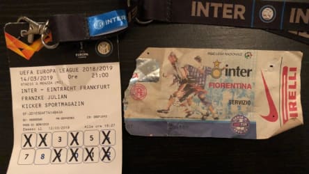 Andenken: Eintrittskarten zu den Spielen Inter gegen Frankfurt und Inter gegen Florenz.
