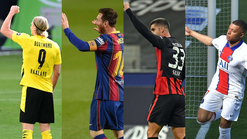 Kampf um Platz zwei hinter Lewandowski: Erling Haaland, Lionel Messi, André Silva und Kylian Mbappé (v.l.).