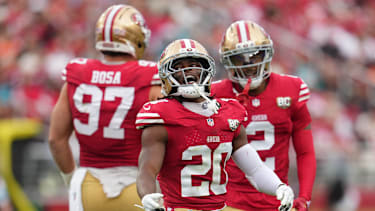 Sep 20, 2026; Santa Clara, California, USA;  San Francisco 49ers cornerback Upton Stout (20) reacts during the second half against the Miami Dolphins at Levi's Stadium.  Mandatory Credit: Cary Edmondson-Imagn Images
