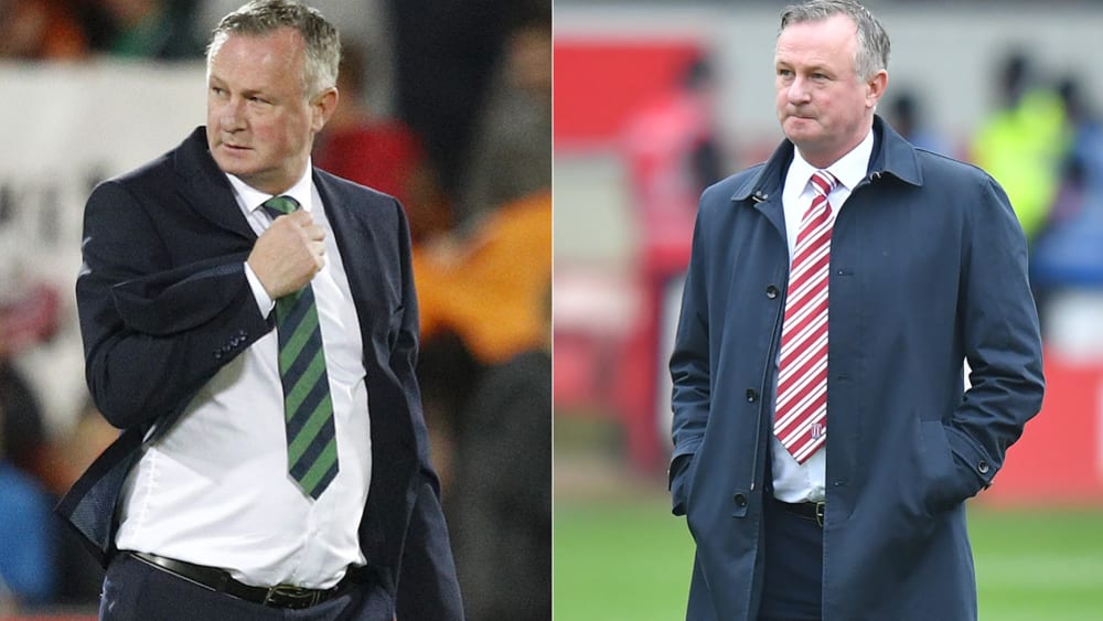 Mal mit der grünen Krawatte, mal mit der roten: Michael O'Neill als Nationalcoach Nordirlands (l.) und bei seinem Debüt am letzten Wochenende bei Stoke City.