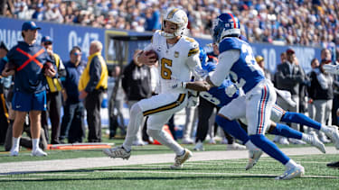 New Orleans Saints quarterback Tyler Shough (6) runs towards the goalline during a week 6 NFL football game between New York Giants and New Orleans Saints on Sunday, Oct. 18, 2026, at MetLife Stadium in East Rutherford, NJ.