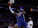 Oct 20, 2026; New York, New York, USA; Philadelphia 76ers forward LeBron James (23) drives to the basket against New York Knicks center Andre Drummond (0) during the fourth quarter at Madison Square Garden. Mandatory Credit: Brad Penner-Imagn Images     TPX IMAGES OF THE DAY