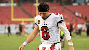 Sep 20, 2026; Tampa, Florida, USA;  Tampa Bay Buccaneers quarterback Baker Mayfield (6) walks off the field as they lost to the Cleveland Browns at Raymond James Stadium.  Mandatory Credit: Kim Klement Neitzel-Imagn Images
