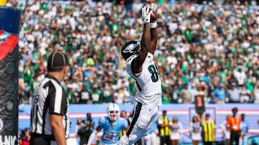 Sep 20, 2026; Nashville, TN, USA; Philadelphia Eagles wide receiver Darius Cooper (80) makes the game winning touchdown catch with 9 seconds remaining in the NFL, American Football Herren, USA regular season game between the Philadelphia Eagles and Tennessee Titans at Nissan Stadium. Mandatory Credit: -Cal Media NFL 2026: Eagles Vs Titans SEP 20 PUBLICATIONxINxGERxSUIxAUTxONLY - ZUMAc04_ 20260920_zma_c04_081 Copyright: xStephenxFurstx