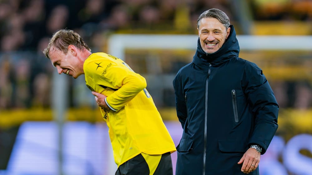 Hatten nach dem Spiel gegen Eintracht Frankfurt gut lachen: BVB-Siegtorschütze Maximilian Beier (li.) und Niko Kovac