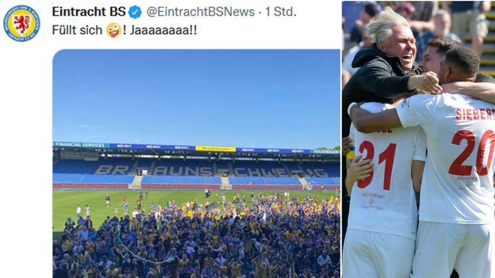 Aufstieg dank Klassenerhalt: Die Eintracht-Profis feierten am Sonntag im Stadion mit den Fans, weil Viktoria Köln (re.) gegen Lautern gewann.