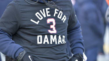 A Chicago Bears coach wears a "Love for 3 Damar" sweatshirt in support of Buffalo Bill's Delmar Hamlin, who suffered a cardiac arrest during a game in Cincinnati, at Soldier Field in Chicago on Sunday, January 8, 2023. Photo by Mark Black/UPI Photo via Newscom picture alliance